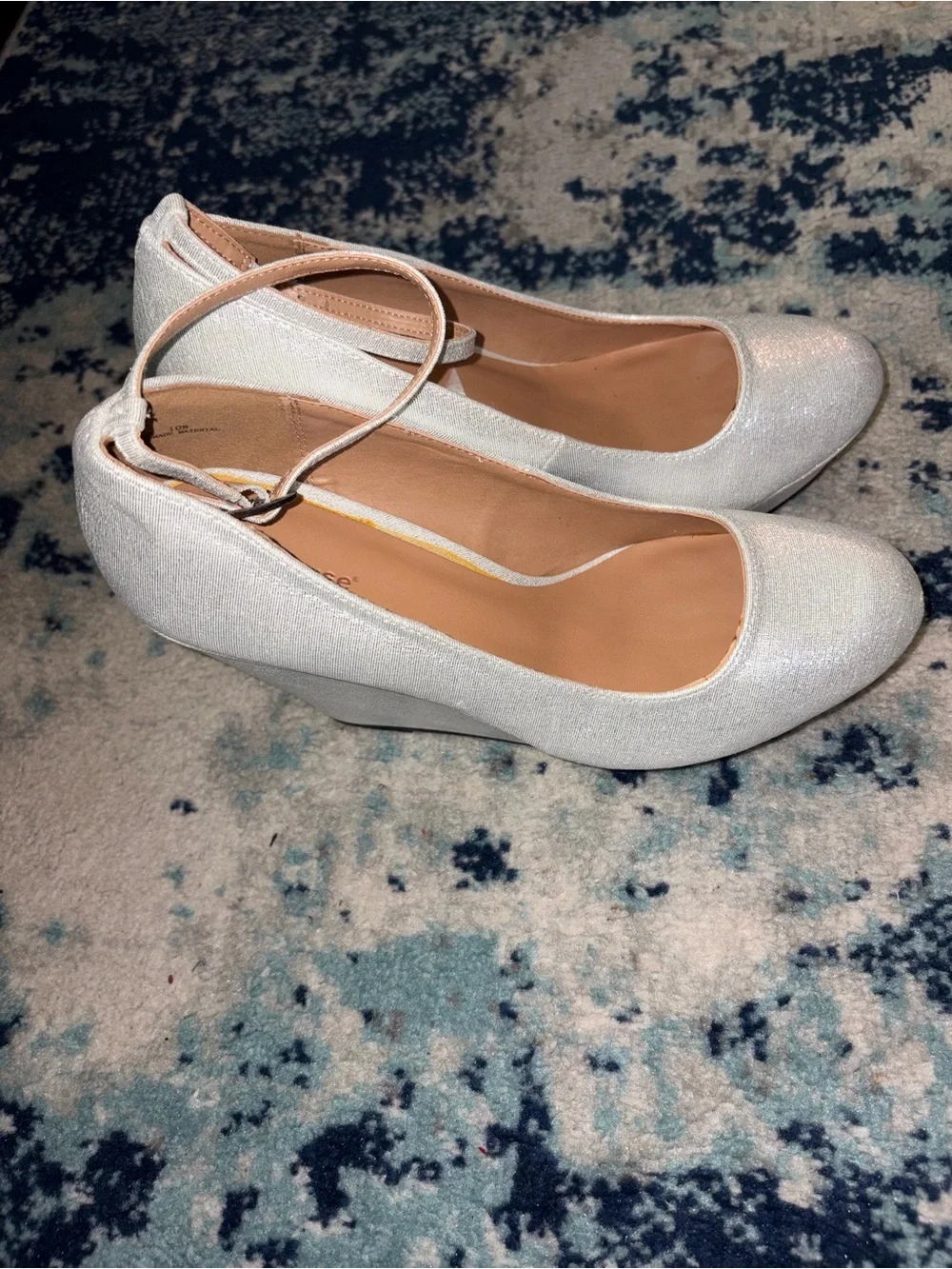Dollhouse White Shimmer Ankle-Strap Mary Jane Wedge Pumps